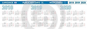 Simple calendar template in Hebrew for 2018, 2019, 2020 years. Week starts from Monday