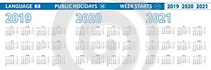 Simple calendar template in Hebrew for 2019, 2020, 2021 years. Week starts from Monday