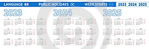 Simple calendar template in Hebrew for 2023, 2024, 2025 years. Week starts from Monday