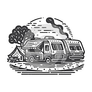 Simple campground with rvs parked vintage retro vector logo.