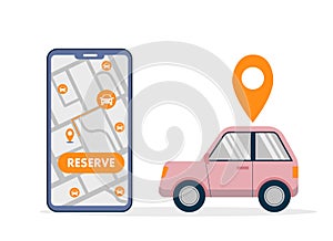 Simple car sharing illustration with big smartphone with free car search and reservation map and pink car in flat style