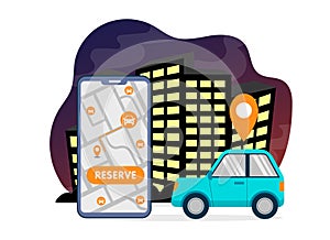 Simple car sharing illustration with big smartphone with free car search and reservation map and pink car in flat style on night