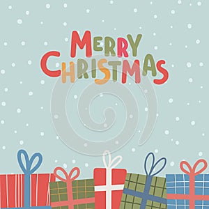 Simple card Happy New Year and Merry Christmas. Vector winter holidays. Postcard graphic design element with gifts and