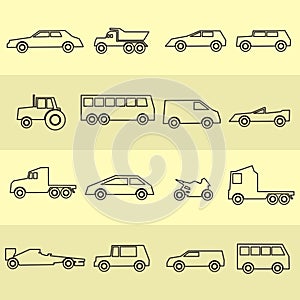 Simple cars black outline icons collection