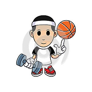 Simple cartoon boy playing basketball with barbell. Vector Cartoon Illustration in white background