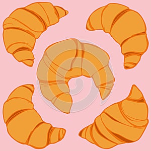 Simple cartoon croissant drawing set, color and black and white line art. Isolated vector illustration.