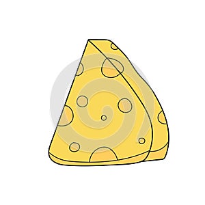 Simple cartoon icon. Cartoon cheese. Triangle piece. Yellow cheese with holes