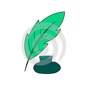 Simple cartoon icon. Green inkpot and feather. Cartoon style vector