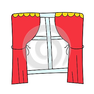 Simple cartoon icon. Illustration of isolated a closed window with red curtains