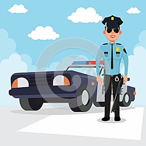 Simple cartoon of a policewoman and police car