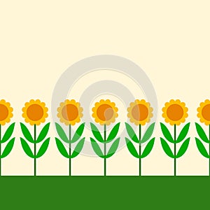 Simple cartoon sunflowers row seamless border, vector