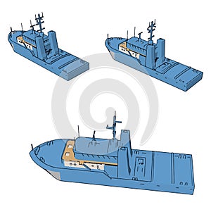 Simple cartoon of three blue navy battle ships vector illustration