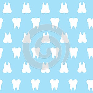 Simple cartoon tooth pattern hite silhouette on a blue background, teeth, illustration icon, logo first tooth. Medical dent