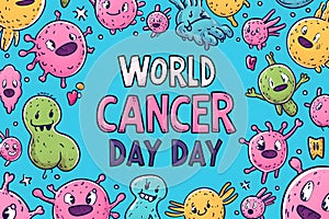 Simple cartoon world cancer day background with the inscription on it, surrounded with colorful happy tumors