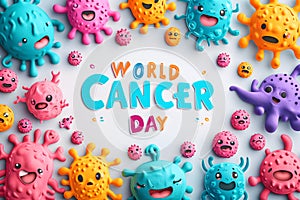 Simple cartoon world cancer day background with the inscription on it, surrounded with colorful happy tumors