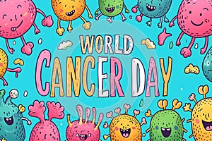 Simple cartoon world cancer day background with the inscription on it, surrounded with colorful happy tumors