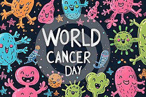 Simple cartoon world cancer day background with the inscription on it, surrounded with colorful happy tumors photo