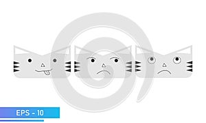 Simple cat or tiger face with emotions, fanny, jealous, thinks. Icon. Isolated on a white background. Flat vector