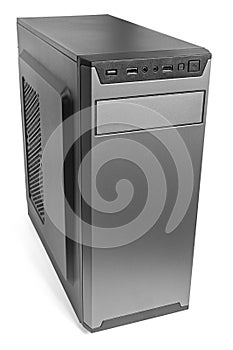 Simple cheapest black miditower pc case isolated on white background