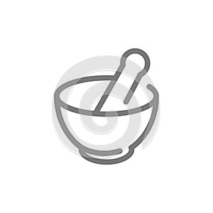 Simple chemical vessel, mortar, pestle, pistil, pounder line icon. Symbol and sign vector illustration design. Isolated