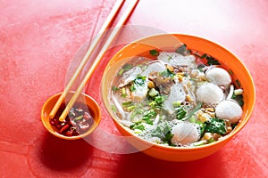 Simple Chinese fishball noodle soup served in bowl