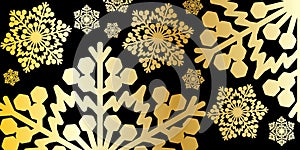 Simple christmas background with golden snowflake on black background, illustration for design and decoration