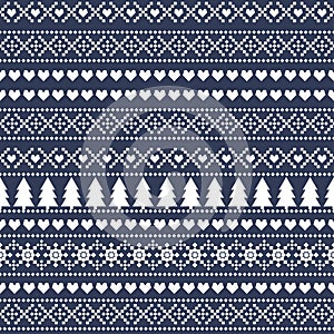 Simple Christmas pattern - Xmas trees, snowflakes on blue background.
