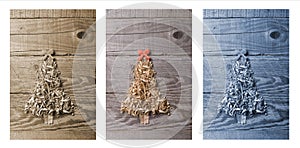 Simple Christmas tree arranged from sawdust, wood-chips on wooden background. Orange cute ribbon.Triptych.