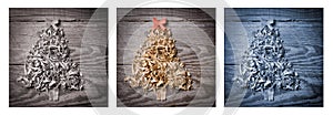 Simple Christmas tree arranged from sawdust, wood-chips on wooden background. Orange cute ribbon.Triptych.