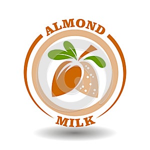 Simple circle logo Almond milk with round half cut nut shells icon and green leaves symbol labeling product contain sweet almond