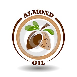 Simple circle logo Almond oil with round half cut nut shells icon and green leaves symbol for sweet almond milk product