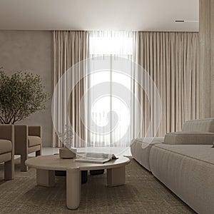 Simple classic minimalism white beige interior livingroom with furniture, green plants and armchair. Ceiling with modern