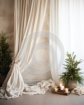 Simple and Clean Boho Christmas Studio Backdrop. Creative minimalist holiday background.