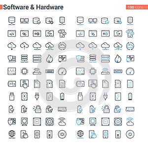 Simple clean and bold vector line Software and Hardware set