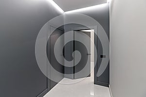 Simple clean newly built generic modern new real estate block of flats interior, long black corridor with black doors, perspective