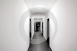 Simple clean newly built generic modern new real estate block of flats interior, long white corridor with black doors, perspective