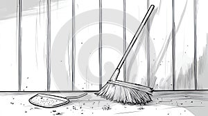 Broom and Dustpan with Debris on Wooden Floor - Minimalist Line Art