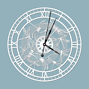 Simple clock face with roman numerals and dragonflies. Vector template for laser cut. Silhouette of dial isolated on