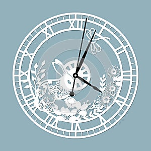 Simple clock face with roman numerals and a hare. Vector template for laser cut. Silhouette of dial isolated on gray