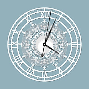 Simple clock face with roman numerals. Vector template for laser cut. Silhouette of dial isolated on gray background