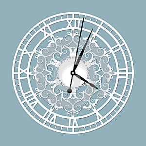 Simple clock face with roman numerals. Vector template for laser cut. Silhouette of dial isolated on gray background