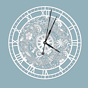 Simple clock face with roman numerals. Vector template for laser cut. Silhouette of dial isolated on gray background. Floral theme