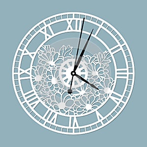 Simple clock face with roman numerals. Vector template for laser cut. Silhouette of dial isolated on gray background. Floral theme