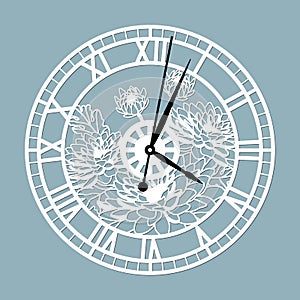 Simple clock face with roman numerals. Vector template for laser cut. Silhouette of dial isolated on gray background. Floral theme