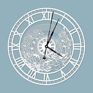 Simple clock face with roman numerals. Vector template for laser cut. Silhouette of dial isolated on gray background. Floral theme