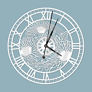 Simple clock face with roman numerals. Vector template for laser cut. Silhouette of dial isolated on gray background. Floral theme