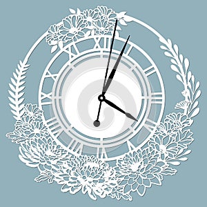 Simple clock face with roman numerals. Vector template for laser cut. Silhouette of dial isolated on gray background. Floral theme