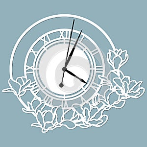 Simple clock face with roman numerals. Vector template for laser cut. Silhouette of dial isolated on gray background. Floral theme