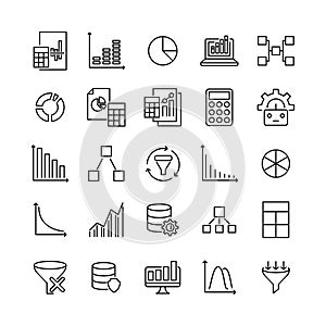 Simple collection of data analytics related line icons.