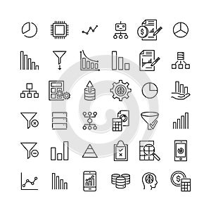 Simple collection of data analytics related line icons.